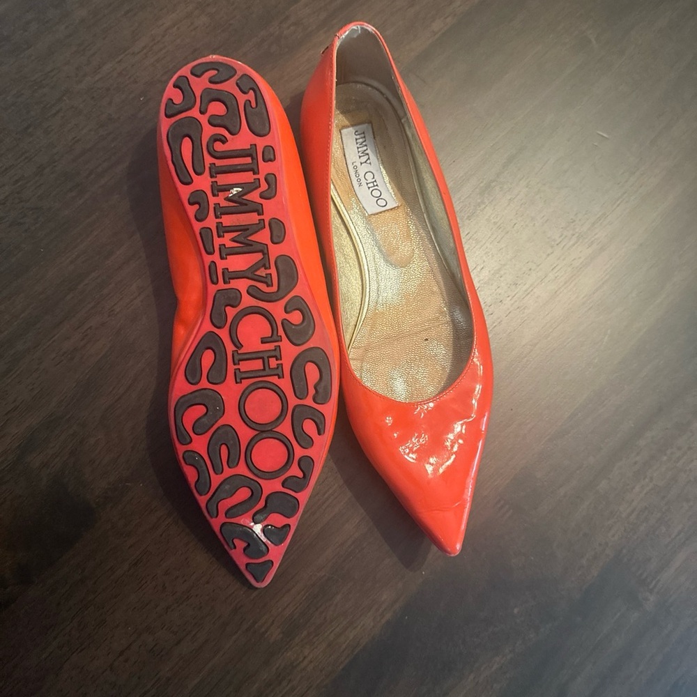 Womens JIMMY CHOO London  Designer Neon Orange /red Leather Pointy Flats Sz. 37